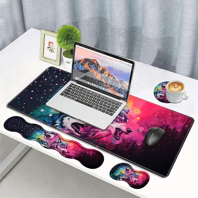 4 in 1 Ergonomic Memory Foam Mouse Pad Wrist Rest Set, Large XXL Gaming Desk Pad + Keyboard Wrist Rest + Mouse Wrist Cushion + Coaster for Home Office Study Gaming, Watercolor Art Wolf Howling