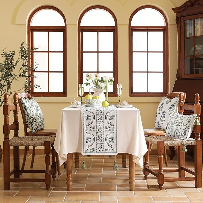 ISAENNE Designer White Elegant Linen Table Runner 87 Inches Long,Chinoiserie Floral Decor Durable Table Runners for Dining Tables,Thanksgiving,Kitchen Tables,Christmas,12"*87"-Mosella D