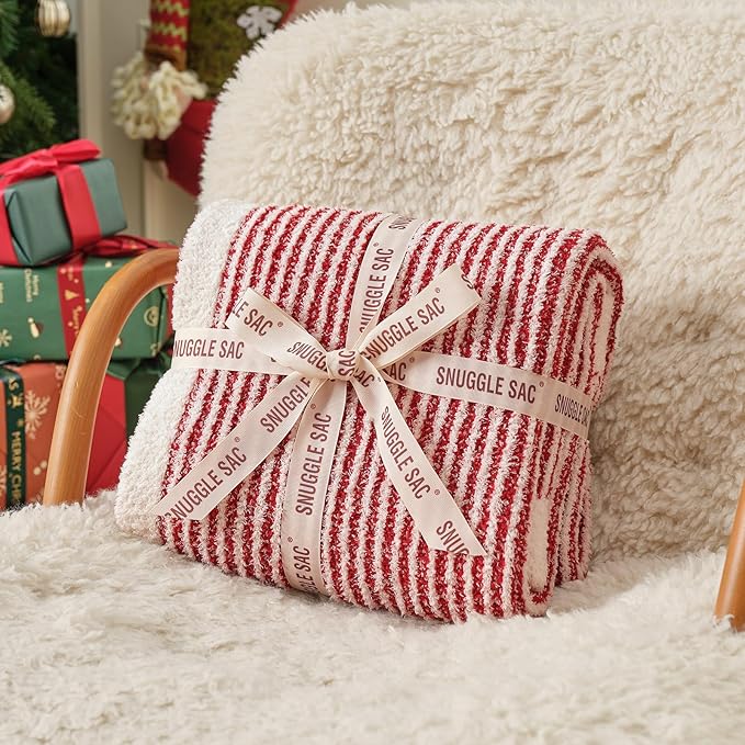 Snuggle Sac Christmas Soft Throw Blanket for Couch, Fuzzy Microfiber Knit Stripe Blankets for Couch, Sofa, Travel, Red Cream, 50x60 inches