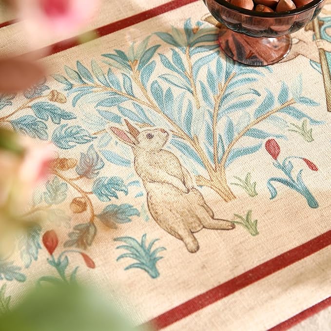 patdrea Designer Idyll Linen Extra Long Table Runner,Vintage Beige Farmhouse with Ancient Spring Figure and Animal Pattern Table Mat,Decoration for Kitchen Dining Banquet Christmas ,16"*118"