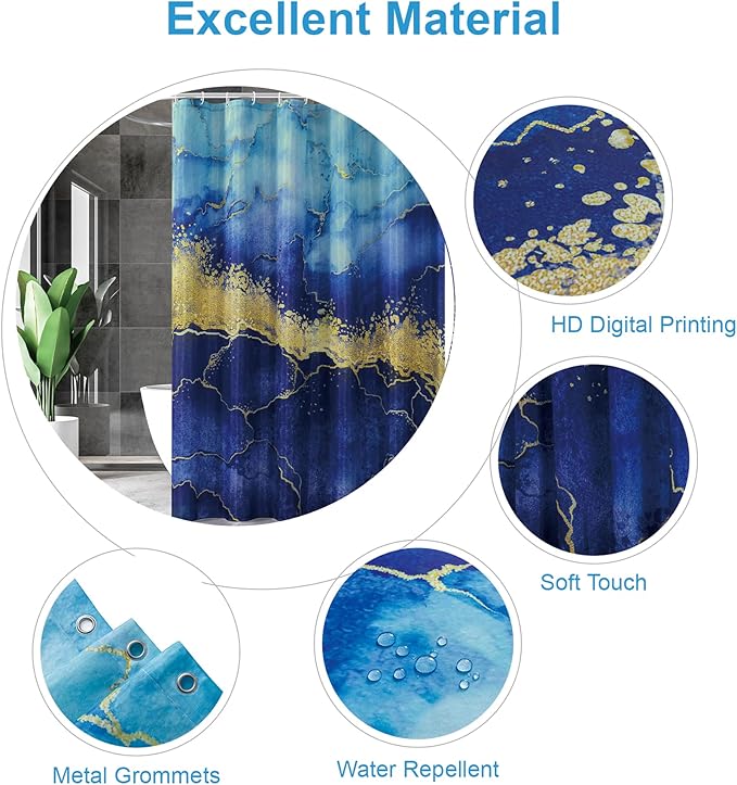 Marble Shower Curtain, Blue Marble Shower Curtain Set with 12 Hooks, Abstract Luxury Blue Marble with Gold Veins Texture Shower Curtains for Bathroom, Waterproof Fabric, 72" W X 72" L
