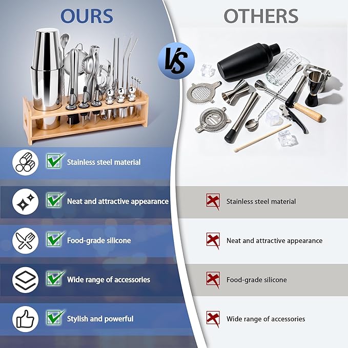 JUSTDOMI 26-Piece Stainless Steel Bar Tool Set Bartender Accessories, Cocktail Shaker Set Bartender Kit with Stand, Cocktails Kit with Muddler for Bar Accessories, Home, Party Cafe Drinks-Style 1