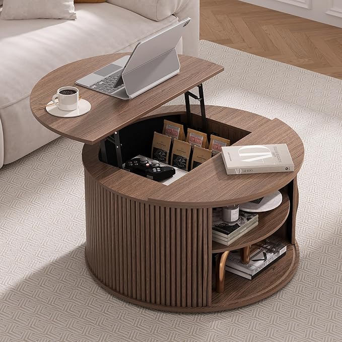 Lift Top Coffee Table with Storage,31.5”Mid Century Modern Round Center Table with Hidden Compartment,Fluted Small Dining Table for Living Room,Home Office,Walnut