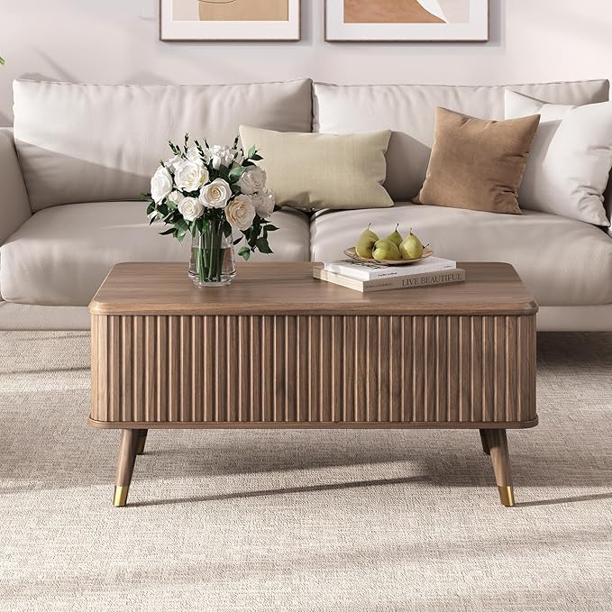 Lift Top Coffee Table with Storage Shelf & Hidden Compartment, Mid Century Modern Fluted Rectangle Dining Table for Living Room, Home Office, Walnut