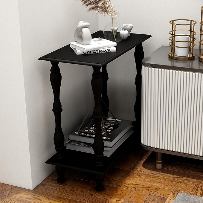 TaoHFE Narrow End Table - 2-Tier European Style Vintage Side Table for Living Room, Bedroom, Small Spaces - Black Wooden Retro Bedside Table