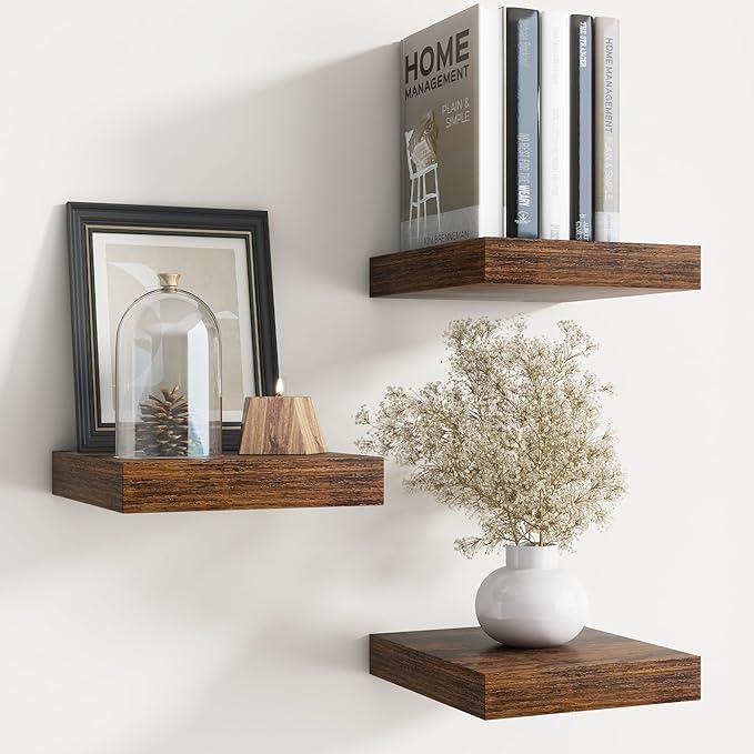 Floating Shelves for Wall with Invisible Brackets, Wall Mounted Engineered Wood Shelves with Wood Grain for Living Room, Bedroom, Bathroom, Kitchen Decor and Storage, Oak, 8"L Set of 3, Rustic Brown