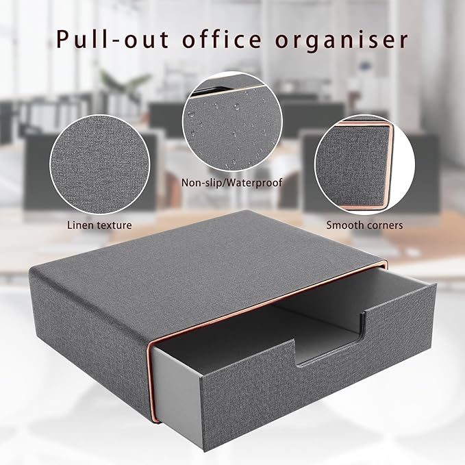 Stackable Organizer Drawer PU Leather Classic Handmade,Organize Home Office Desk Accessories and Sort Letter-Size Paper/a4 Document,Desktop Caddy with Drawers Storage,13.1x10x3.7inches,Grey