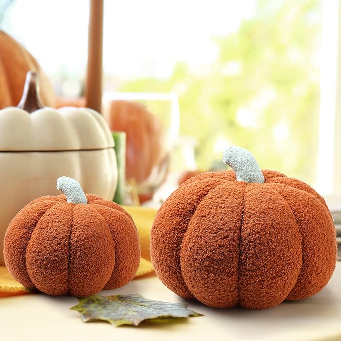 Kajaia 4 Pcs Fall Decor Pumpkin Throw Pillow Fall Pillow 11 Inches 7 Inches 3D Cushion Thanksgiving Sherpa Plush Fluffy Stuffed for Autumn Halloween Christmas Home Sofa(Brown)