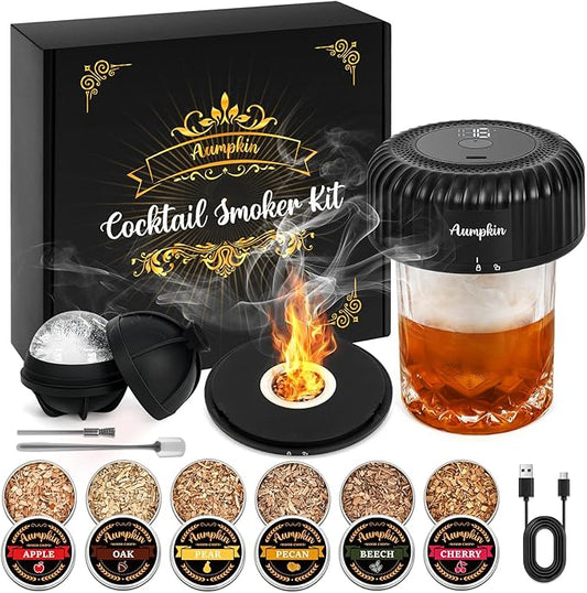Electric Whiskey Smoker Kit with Built-in Lighter, Rechargeable & No Butane Needed, Includes 6 Wood Chips for Old Fashioned Cocktails, Bourbon Whiskey Gifts for Men/Dad/Husband,Black