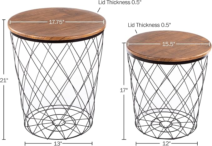 End Tables Set of 2 - Nesting Tables with Removable Wood Tops and Metal Basket Bases for Blanket Storage - Round Side Furniture for Living Room, Bedroom, or Home Office by Lavish Home (Brown)