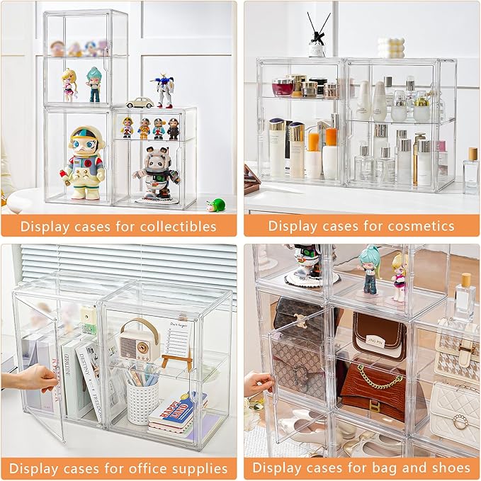 Acrylic Display Case for Collectibles, Clear Acrylic Display Box with 3 Adjustable Layers and Magnetic Door, Stackable Clear Storage Box/Bins for Figures,Lego, Book