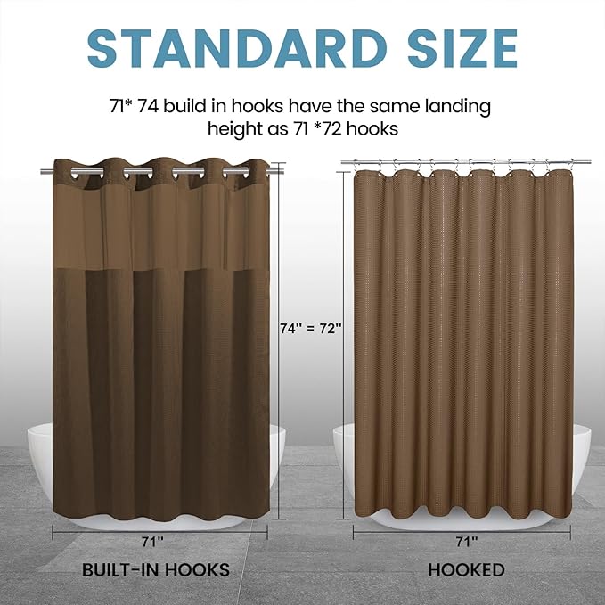 Brown No Hook Shower Curtain with Snap in Liner,230GSM Waffle Weave Shower Curtains for Bathroom,71W x 74H