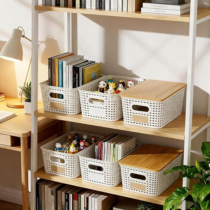 Small Plastic Storage Bins with Bamboo Lid - Plastic Storage Container with Lid - Stackable storage baskets for organizing: Storage box for Drawers Office Closet Shelf Organizing,10x7x4 In-White-6 Pcs