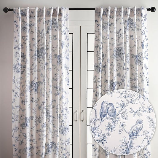 Maison d' Hermine Curtains for living room 100% Cotton 108 inch length Two Panels Light Filtering Toile Curtains for Bedroom Windows with rod and loop Pockets Drapes (Jouy Paradise Blue, 50"W x 108"L)