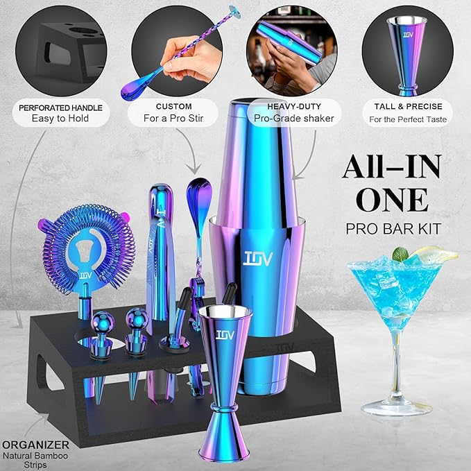 IOV Cocktail Shaker Set: 12-Piece Mixology Bartender Kit Bar Set | 18oz & 28oz Boston Shaker Drink Mixing Tools for Home with Recipe Booklet and Stand | Fun Housewarming Gift (Rainbow)