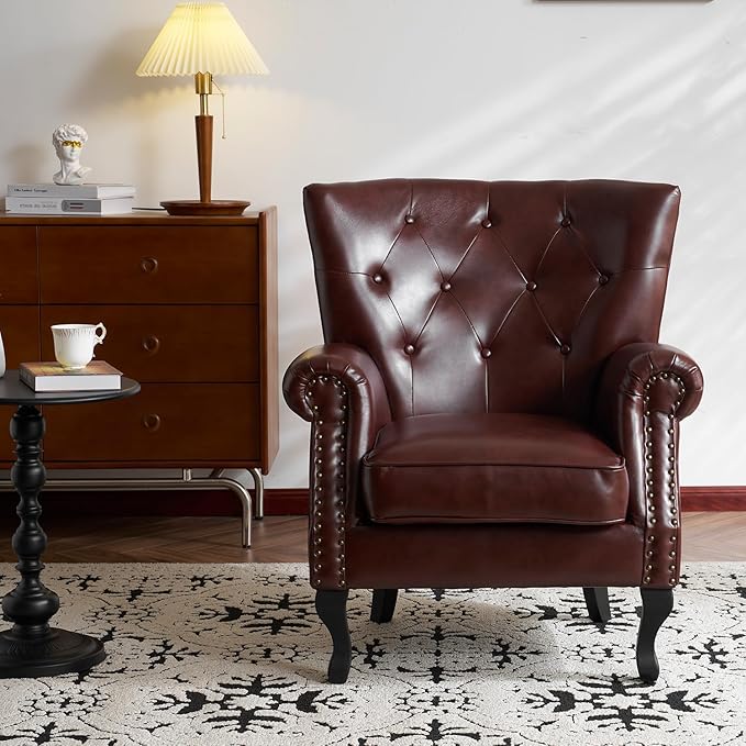 Modern Faux Leather Accent Chair, Upholstered Mid-Century Armchair with Solid Wood Legs, Single Sofa Chair for Living Room, Bedroom, or Reading Room（Reddish Brown）