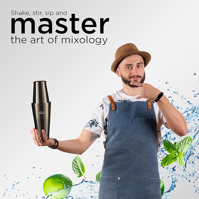 Mixology Black Bartender Kit with Japanese Jigger & Stand - 13 Piece Stainless Steel Cocktail Making Set - Boston Shaker, Strainer, Mixer Spoon, Muddler - Barware Anniversary & Birthday Gifts