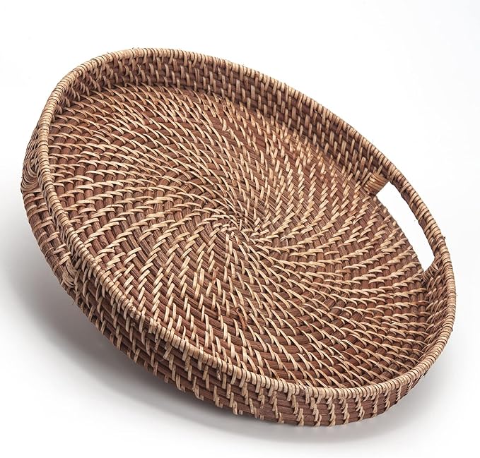 Round Rattan Woven Serving Tray with Handles Ottoman Tray for Breakfast, Drinks, Snacks for Coffee Table, Home Decorative (Honey Brown, 13.8"x2")