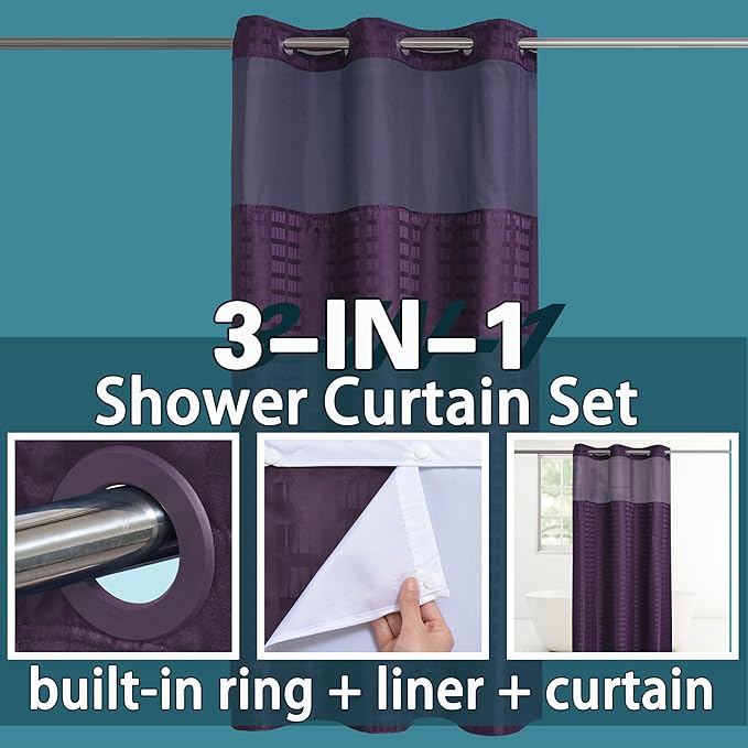 Conbo Mio Stall No Hook Shower Curtain with Snap in Liner Set, Hotel Luxury Purple Shower Curtains for Bathroom with See Through Top Window, Waterproof, Washable 36W x 74H