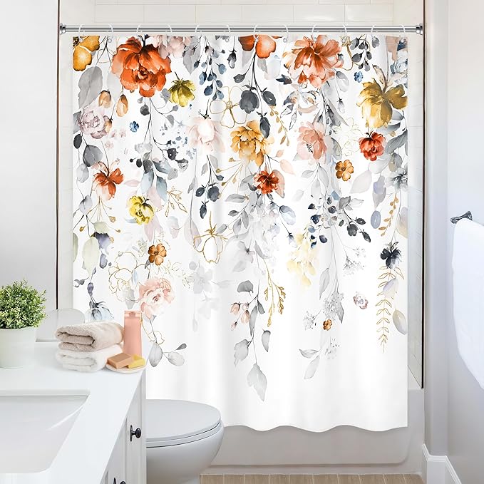 Yellow Orange Floral Shower Curtain 60Wx72L Inch Flower Pastel Watercolor Rustic Eucalyptus Leaf Bathroom Set Country Plant Botanical Shabby Bath Curtain Bathtub Accessories Home Decor