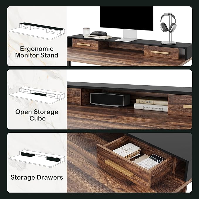 Electric Standing Desk with 4 Drawers, 47.2 x 23.6 Inch Height Adjustable Whole Piece Sit Stand Desk, Computer Home Office Workstation with Open Storage Shelf, Black Walnut