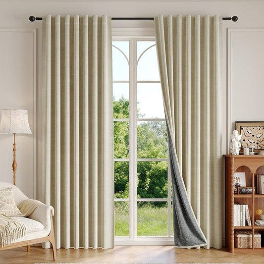 100% Blackout Curtains for Bedroom, Thermal Insulated Curtains 63 Inch Length Curtain 2 Panels, Luxury Soft Farmhouse Linen Textured Full Light Blocking Room Darkening Drapes, W52xL63, Beige