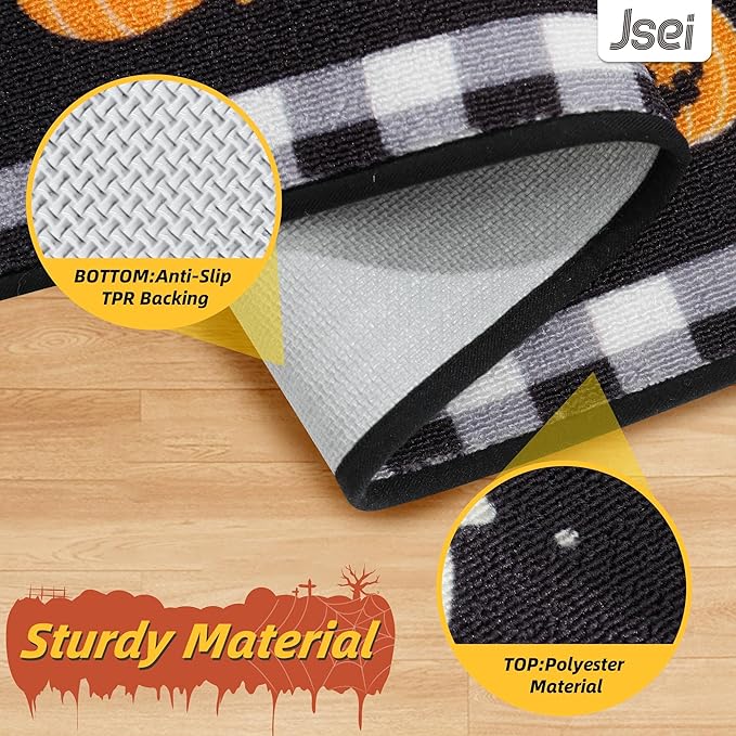 JSEI Halloween Holiday Doormat, 17''x30'' Non-Slip Ghost and Pumpkins Decorative Welcome Mats for Floor, Low-Profile Entryway Rugs Washable, Ghost and Pumpkins Pattern Black