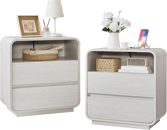 White Nightstand Set of 2 with Charging Station, 23.2" Wide Wood Bedside Table, Modern End Table with 2 Storage Drawers, Curved Profile, Handleless, Mid Century Night Stand for Bedroom