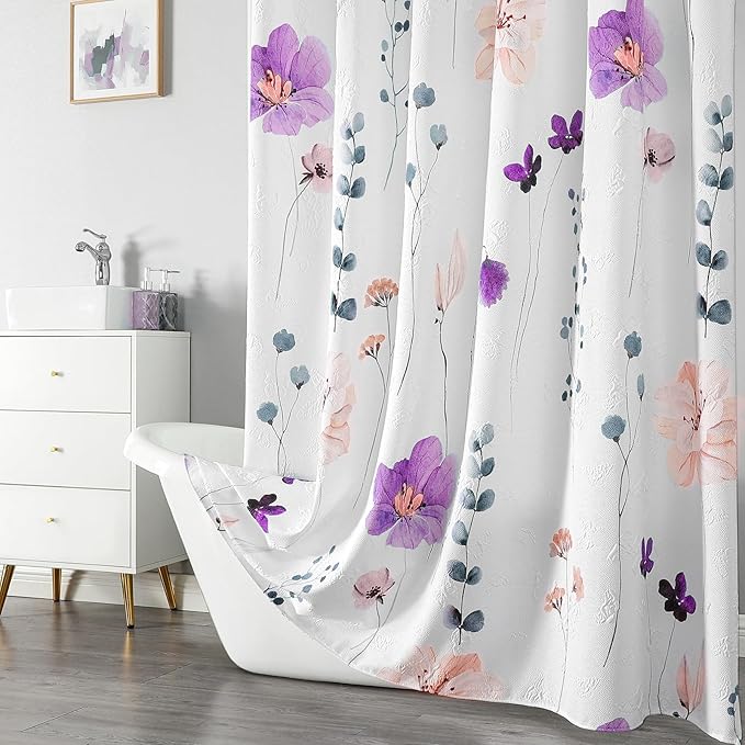 QIYI Watercolor Floral Shower Curtain, 3D Embossed Butterflies Purple Pink Flower Bathroom Curtain, Minimalist White Cloth Bath Curtains, Waterproof Fabric Texture Shower Curtain Set with Hooks, 72x72