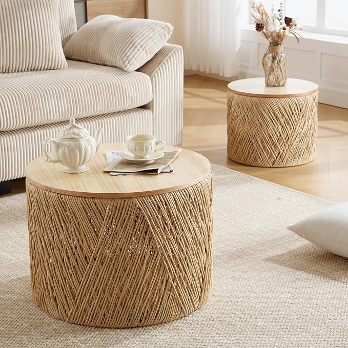Farmhouse Round Coffee Table with Storage Boho Living Room Table with Lifting Top Hand-Woven Rattan Nesting Coffee Tables for Living Room, Natural