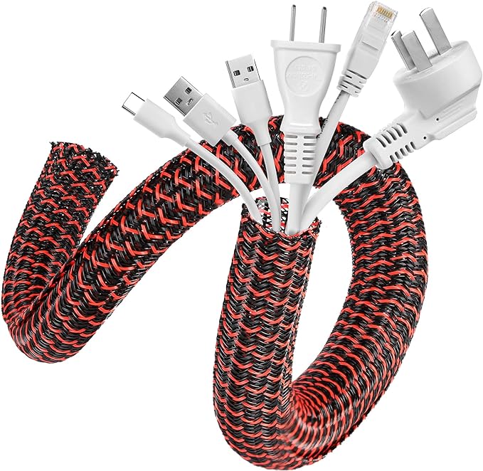 AGPTEK Cable Sleeve Cover, 10ft - 1.2 inch Desk Cord Organizer Cable Hider, Home Office Wire Management Computer TV Wire Loom Tubing, Pet Proof Cord Protector, from Cat Dog Chewing, BlackRed