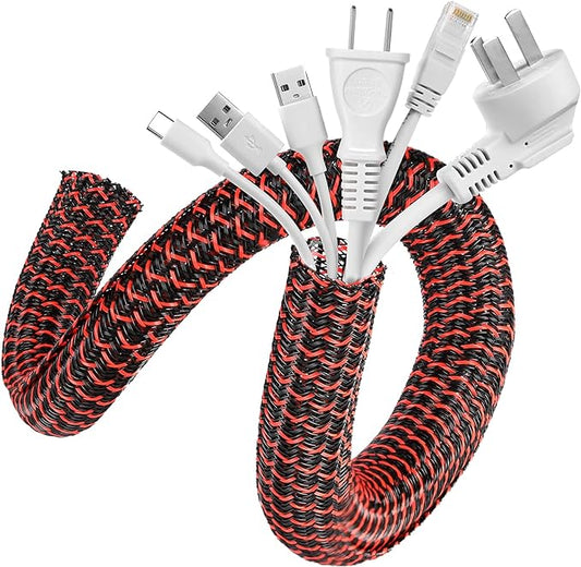 AGPTEK Cable Sleeve Cover, 10ft - 1.2 inch Desk Cord Organizer Cable Hider, Home Office Wire Management Computer TV Wire Loom Tubing, Pet Proof Cord Protector, from Cat Dog Chewing, BlackRed