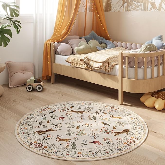 Rugcomf Round Rug 4ft Washable Circle Rug Non Slip Low Pile Boho Floral Animal Small Circular Rug for Bedroom, Bathroom, Entryway, Kids Room, Office, College Dorm (Beige)