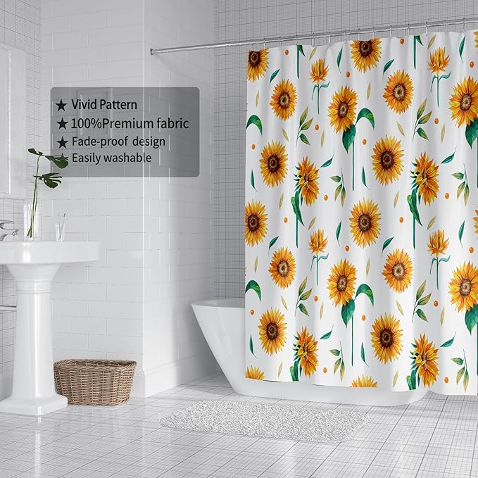 Domoku Sunflower Star Yellow Shower Curtain with Hooks,Summer Waterproof Floral Fabric Bathroom Curtain Set for Autumn Rustic Botanical Flower Bathroom Decorative Watercolor Sunflower, 72"x72"