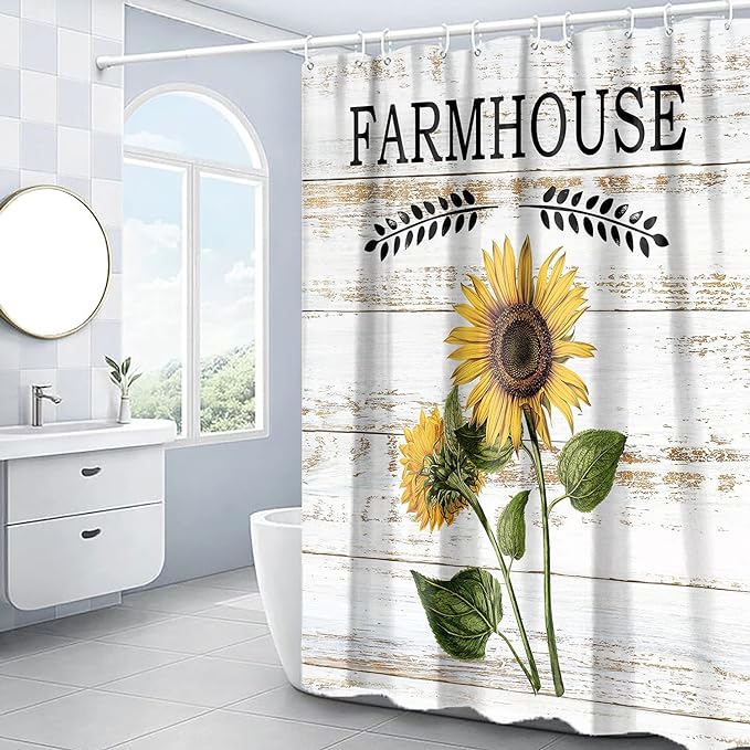 Domoku Sunflower Shower Curtain Farmhouse Rustic Shower Curtain Floral Spring Country Bathroom Curtains Set Waterproof Fabric with 12 Hooks (72 * 72inch/180cm*180cm)
