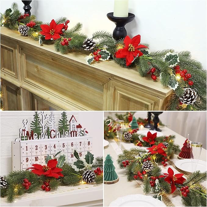 ATDAWN 9 FT Christmas Garland with Lights, Battery Operated Christmas Garland, Garland with Red Berry, Pine Cone and Poinsettia for Indoor Home Winter Holiday New Year Xmas Decorations