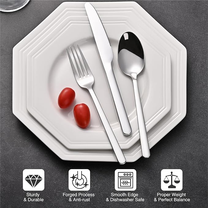 KINGSTONE Forged 40-Piece Silverware Set 18/10 Stainless Steel Flatware Utensils Set for 8, Mirror Finish,Dishwasher Safe (Silver)