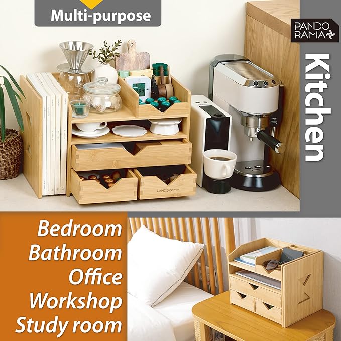 Pandorama Bamboo Desk Organizer with Adjustable File & Book Holder, Large 4Tier Dektop Storage for Office, A4 Full Size Drawer, No Assembly Required,Kitchen and Bedroom