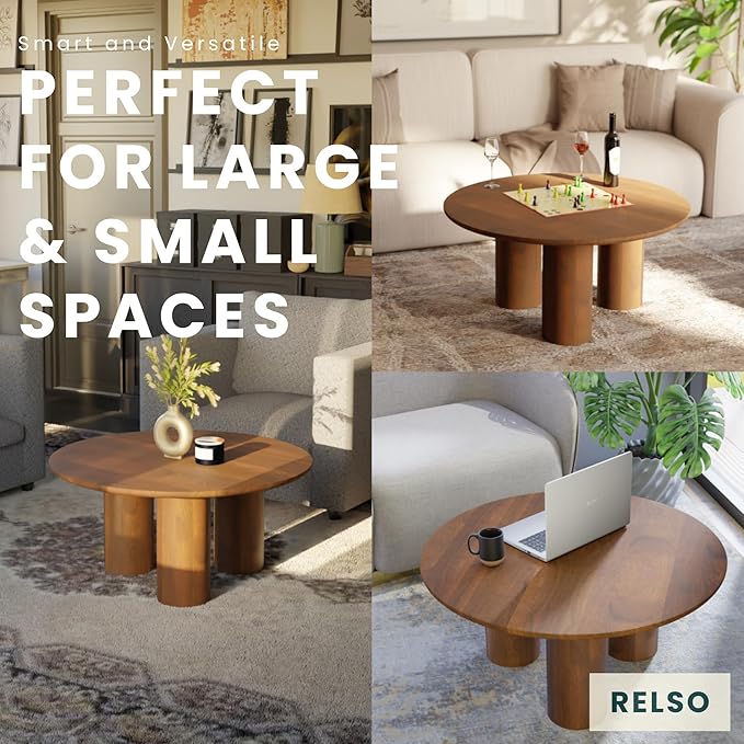 Relso Gaia Round Coffee Table, Natural Mango Wood Coffee Table with Wood Grain and Sturdy Finish | Perfect for Living Room and Farm House - Sturdy, Durable, Ideal for Patio Decor (Walnut, 18 inch)