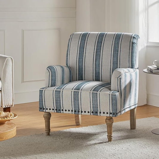 HULALA HOME Modern Armchair with Wooden Legs & Nailhead Trim, Comfy Upholstered Accent Chair for Living Room Bedroom Office(Stripe Pattern, Navy)