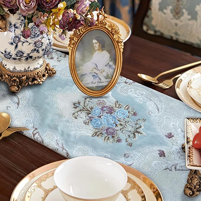 HeMiaor Luxurious Table Runners 98 inches Chenille Jacquard Fabric with Exquisite Hanging Ear Tassels Decoration for Wedding Decor Light Blue