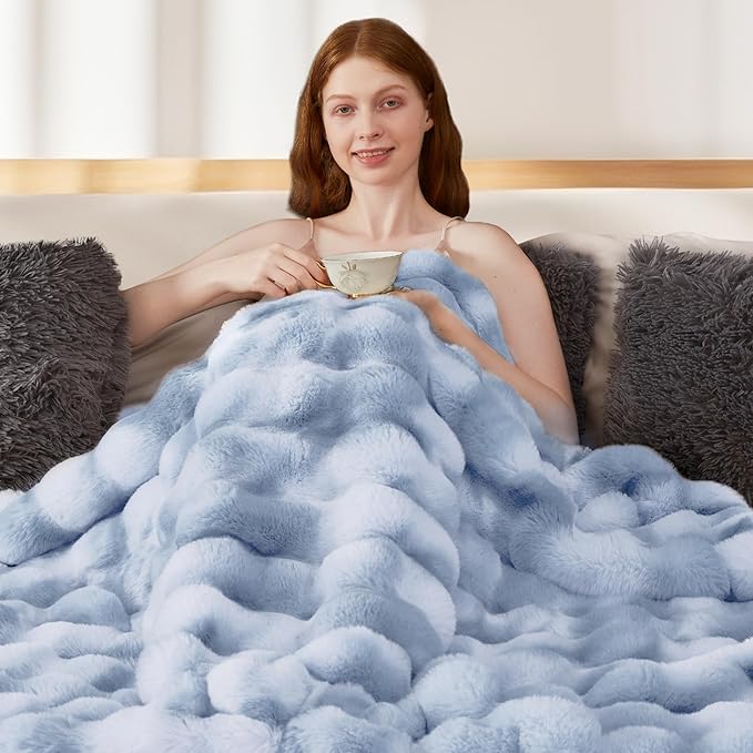 Touchat Luxury 1000GSM Rabbit Faux Fur Blanket, Super Heavy Warm Cozy Brown Blankets for Couch Bed Sofa, Ruched Plush Fuzzy Elegant Soft Reversible Mink Blanket Living Room Bedroom, 90" x 90"