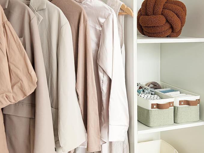 StorageWorks Narrow Storage Bins, Small Basket for Closet and Shelves, Fabric Organizer with Handles, Toilet Paper Storage, Green and White, 2-Pack