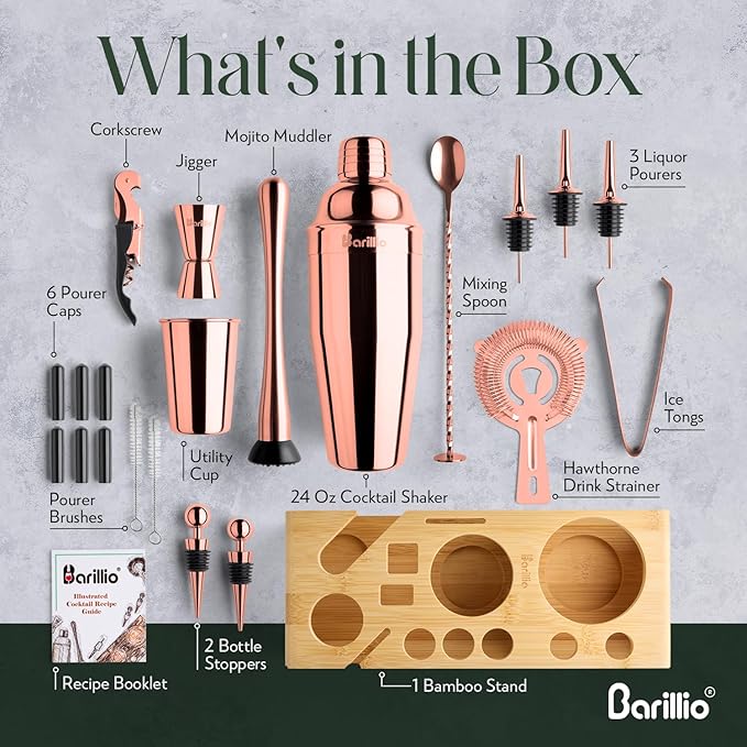 Barillio Rose Gold Bartender Kit - Stainless-Steel Cocktail Shaker Set w/Bamboo Stand - Mixology Bar Tools w/Drink Shaker, Mixer and Muddler for Cocktails - Home Bar Accessories - 23-Pc Bar Set