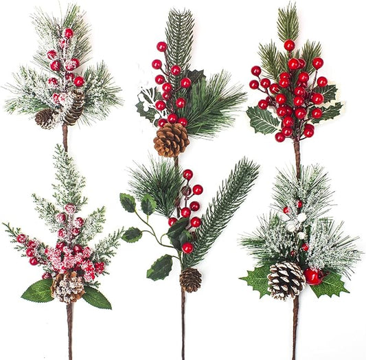 6 Kinds Artificial Christmas Tree Picks with Red Berry Pine Branches & Flower Pick - Perfect for Festive Season Decor & Wreaths to Brighten Your Holiday Spirit