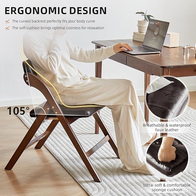 Wood Folding Chair with Padded Seats Set of 2, Foldable Dining Chair with Cushion, Comfortable Extra Chair, Portable Foldable Seating for Indoor Outside Events, Party, Wedding (Walnut Brown)