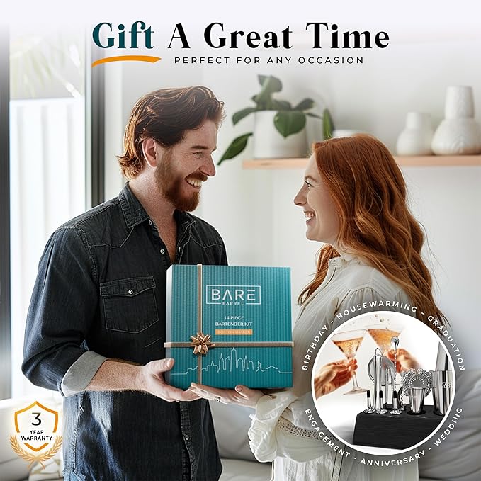 BARE BARREL® Mixology Bartender Kit Bar Set | 14-Piece Cocktail Shaker Set | Martini Barware Mixing Tools for Home Bartending | Incl. 35 Recipe Cards | Gift Set (28oz Boston Shaker, Silver/Black)