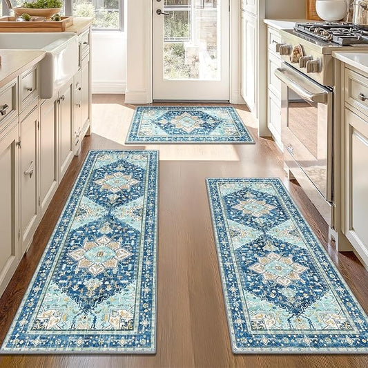 Yamaziot Boho Washable Kitchen Rugs Sets of 3, Non Slip Kitchen Mats for Floor with Rubber Backing, Waterproof & Stain Resistant Thick Carpet Runner Throw Rugs for Kitchen, Laundry Room, Hallway, Blue