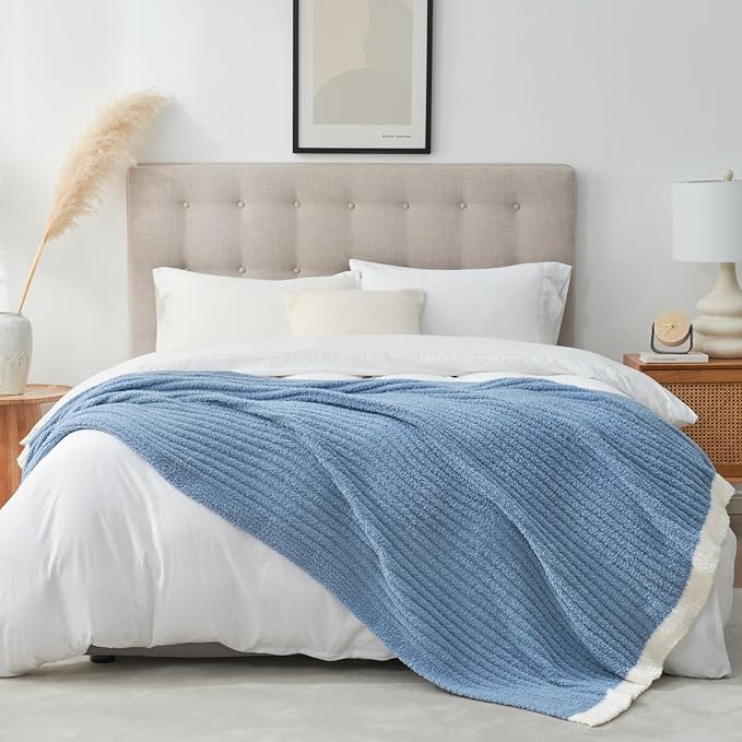 Snuggle Sac Fluffy Ribbed Blue Bedding Blanket Twin Size, Soft Luxurious Knit Fuzzy Plush Microfiber Blankets for Sofa, Bed, Blue, 60x80 inches