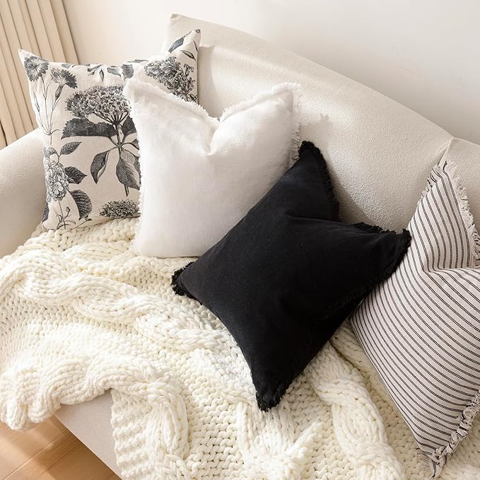 Foindtower Set of 2 Decorative Linen Fringe Throw Pillow Covers Cozy Boho Farmhouse Cushion Cover with Tassels Soft Accent Pillowcase for Couch Sofa Bed Living Room Home Decor, 26×26 Inch, Black